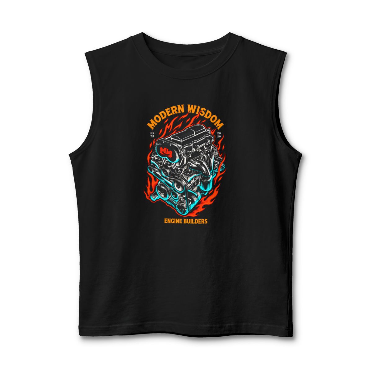 Modern Wisdom Engine Skull tank top | Flaming V8 engine illustration | Modern Wisdom Podcast Merch | Chris Williamson