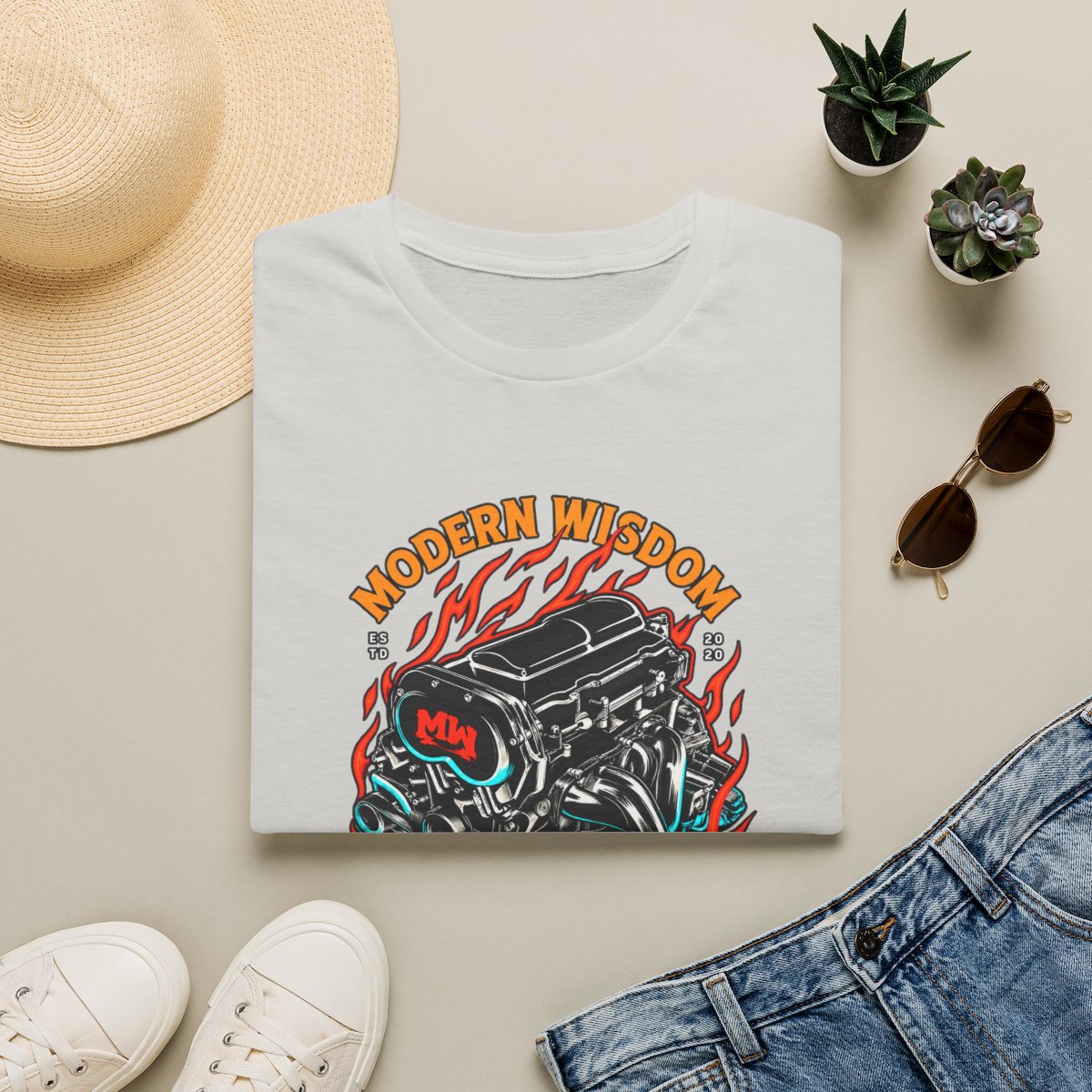 Modern Wisdom Engine Skull T-Shirt | Flaming Motor Graphic | Modern Wisdom Podcast Merch | Chris Williamson 